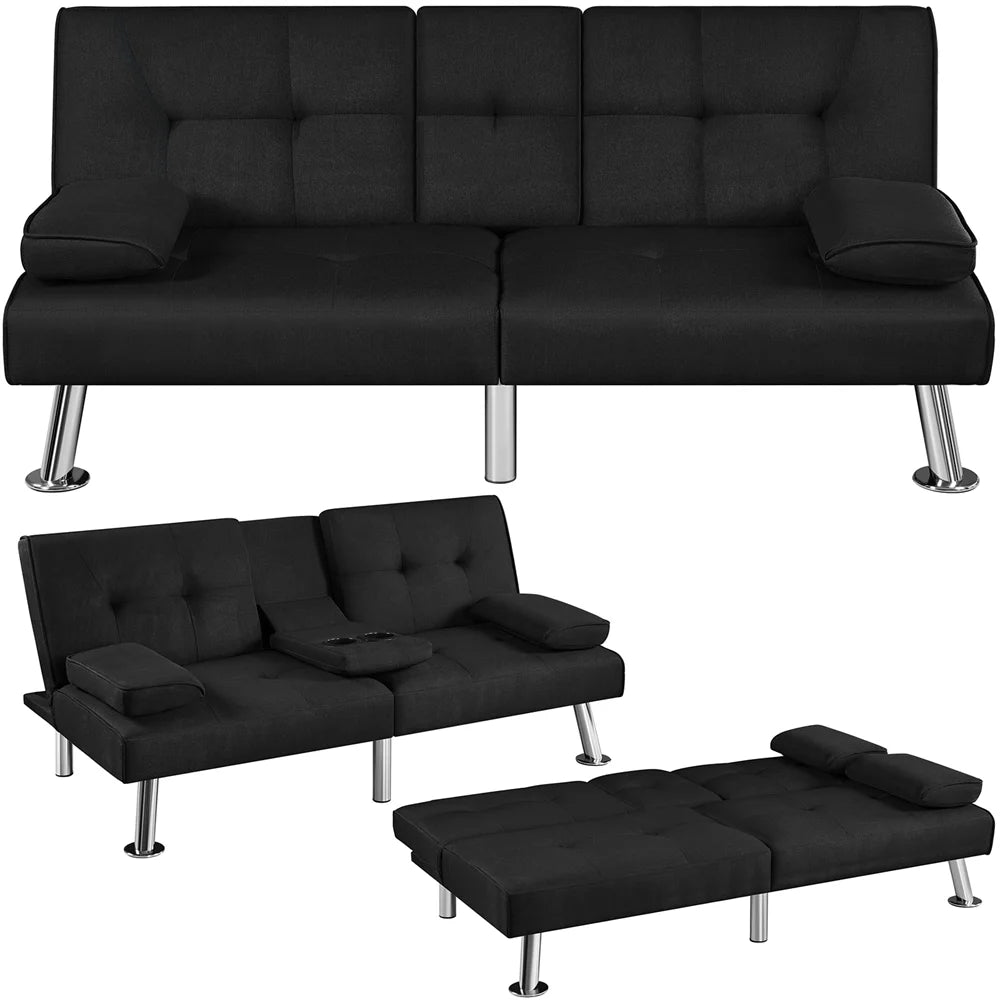 Fabric Upholstered Convertible Futon Sofa Bed with Cup Holders and Pillows, Black