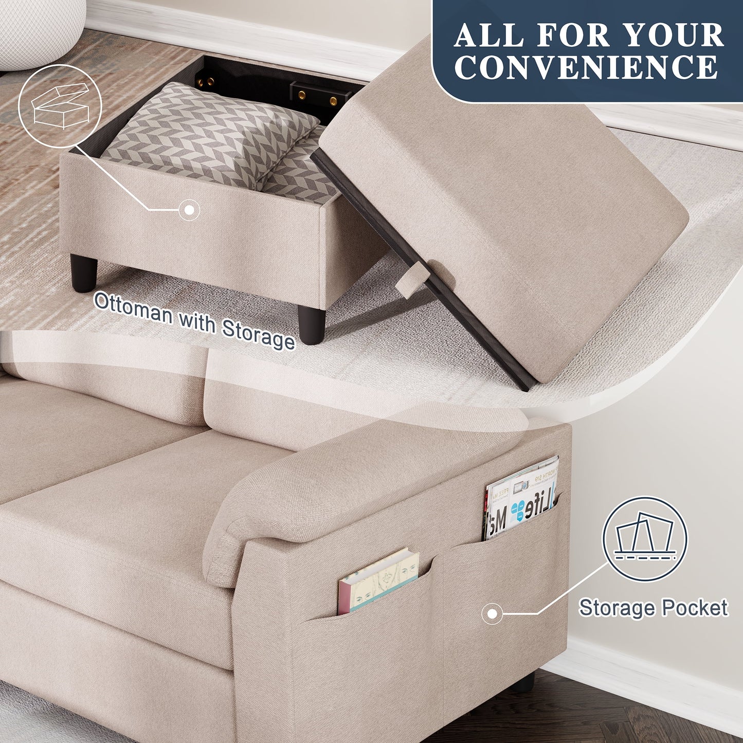 Sectional Sofa with Movable Storage Ottoman, L-Shaped Convertible Sofa Couch for Small Living Room, Beige
