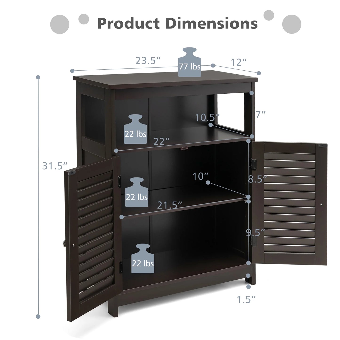 Bathroom Storage Wood Floor Cabinet with Double Shutter Door Coffee