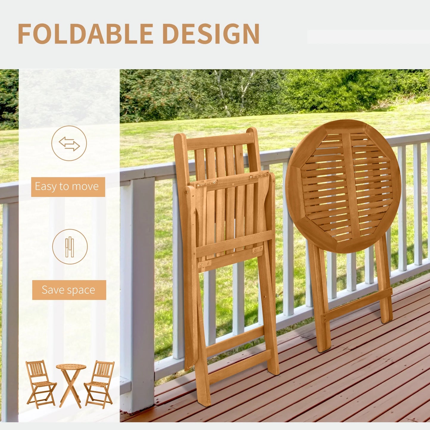 Patio Bistro Set, Wood Folding Table & Chairs, Acacia, Teak