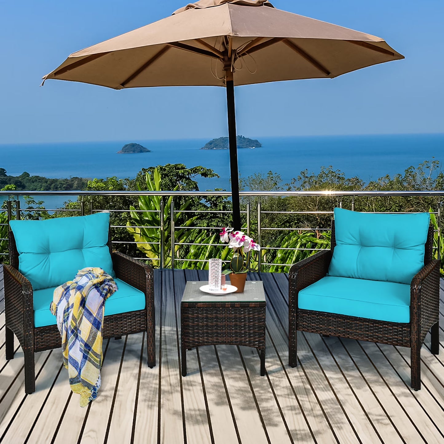 3PCS Outdoor Rattan Conversation Set Patio Furniture Cushioned Sofa Chair Red