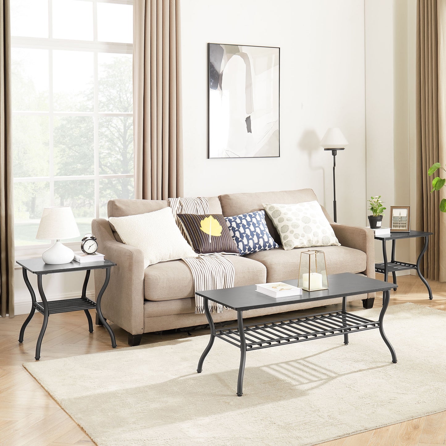 3 Piece Coffee Table Set,With 1 Coffee Table & 2 End Side Table,For Living Room,Metal+Wood