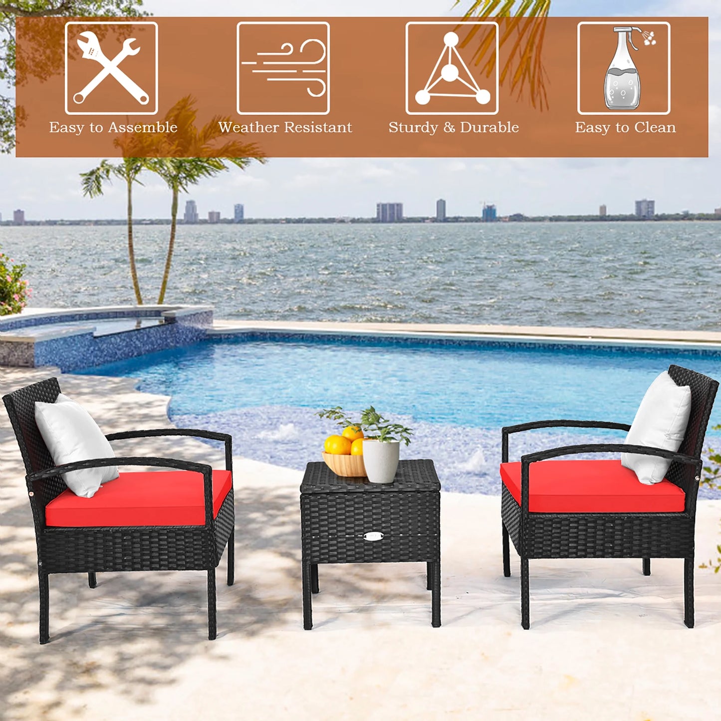 3PCS Patio Rattan Furniture Set Storage Table Cushioned Sofa Deck Red