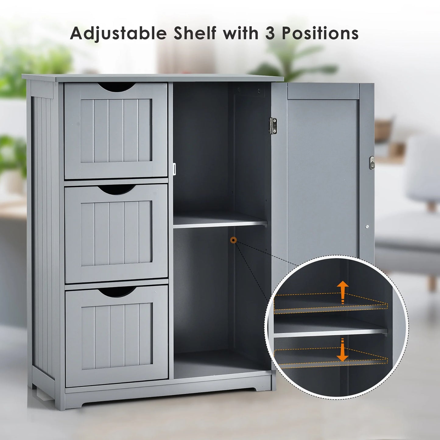 Bathroom Floor Cabinet Side Storage Cabinet with 3 Drawers and 1 Cupboard Grey