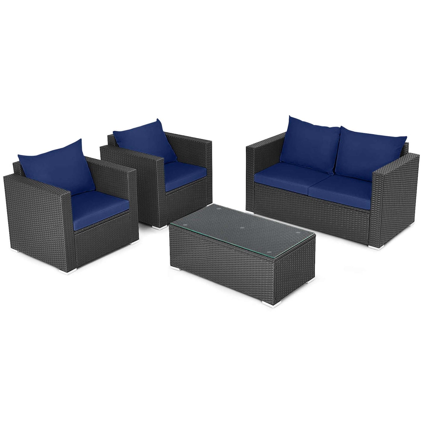 4 PCS Patio Rattan Furniture Set Cushioned Sofa Chair Coffee Table Blue