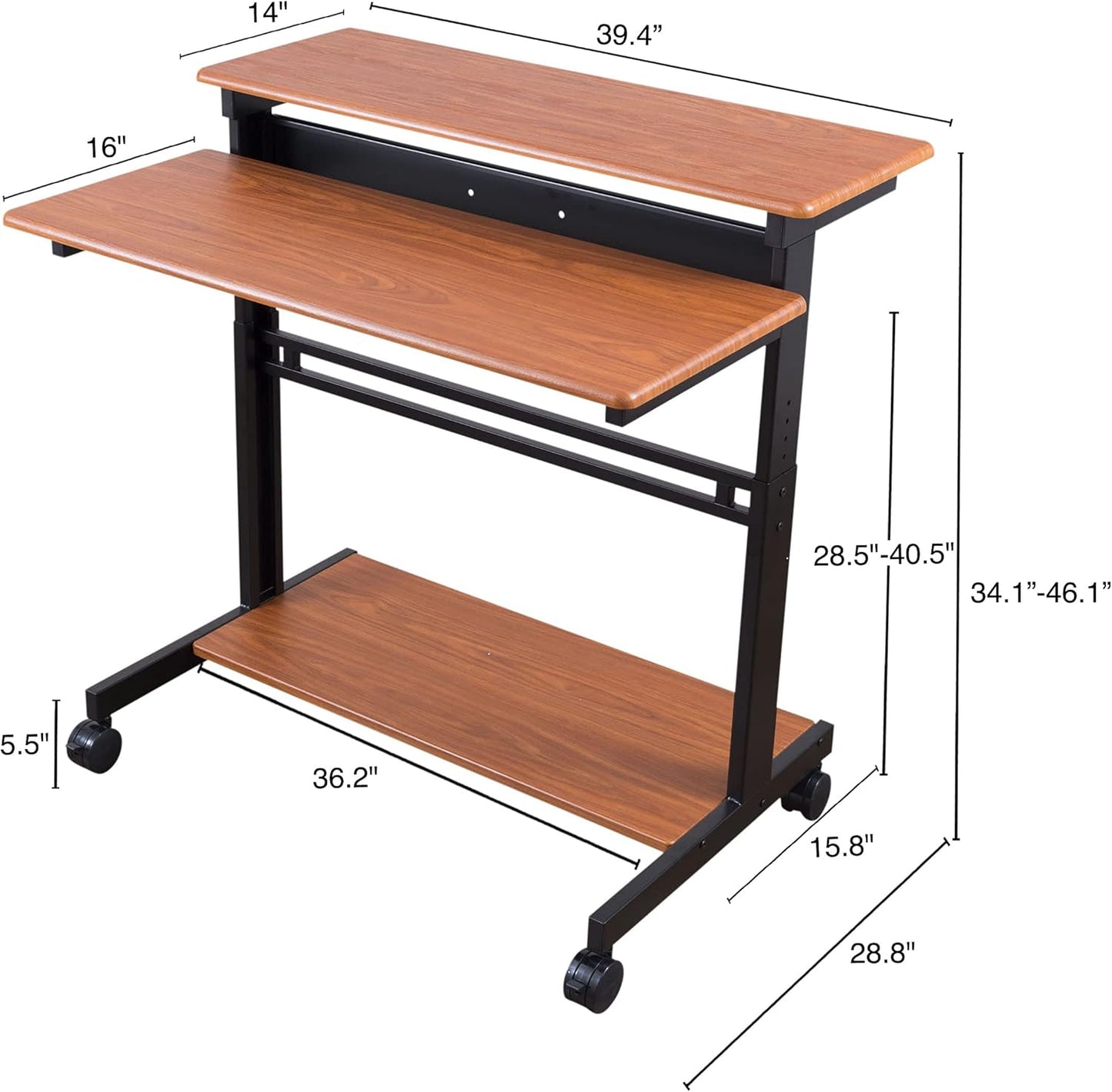 Rolling Adjustable Height Two Tier Standing Desk Computer Workstation (Black Frame/Teak Top, 40" Wide)