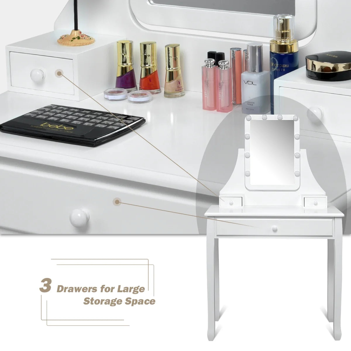 Vanity Table 10 Dimmable Bulbs Makeup Dressing Desk White