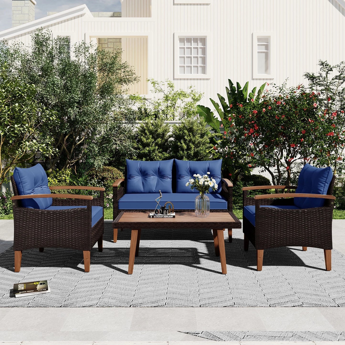 4-Piece Patio Seating Set, Patio Furniture Set, Patio Furniture Set, Wicker Garden Furniture with Wood Table and Legs, PE Rattan Outdoor Sofa Set for Balcony, Beige