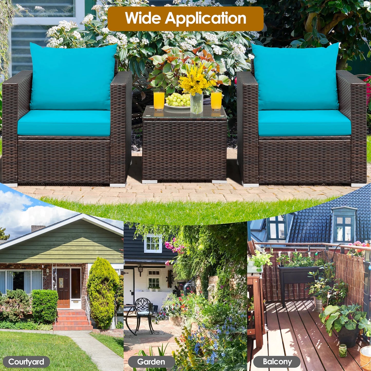 3PCS Patio Rattan Furniture Set Conversation Sofa Cushioned Turquoise
