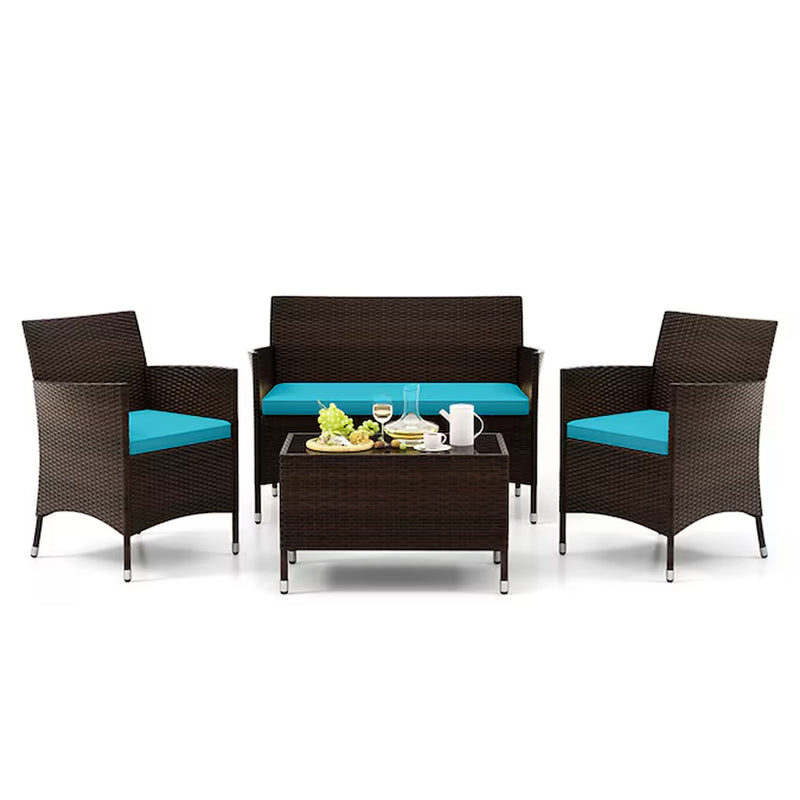 4 Pieces Comfortable Mix Outdoor Rattan Sofa Set with Glass Coffee Table 4 -Piece Rattan Patio Conversation Set with Blue Cushions