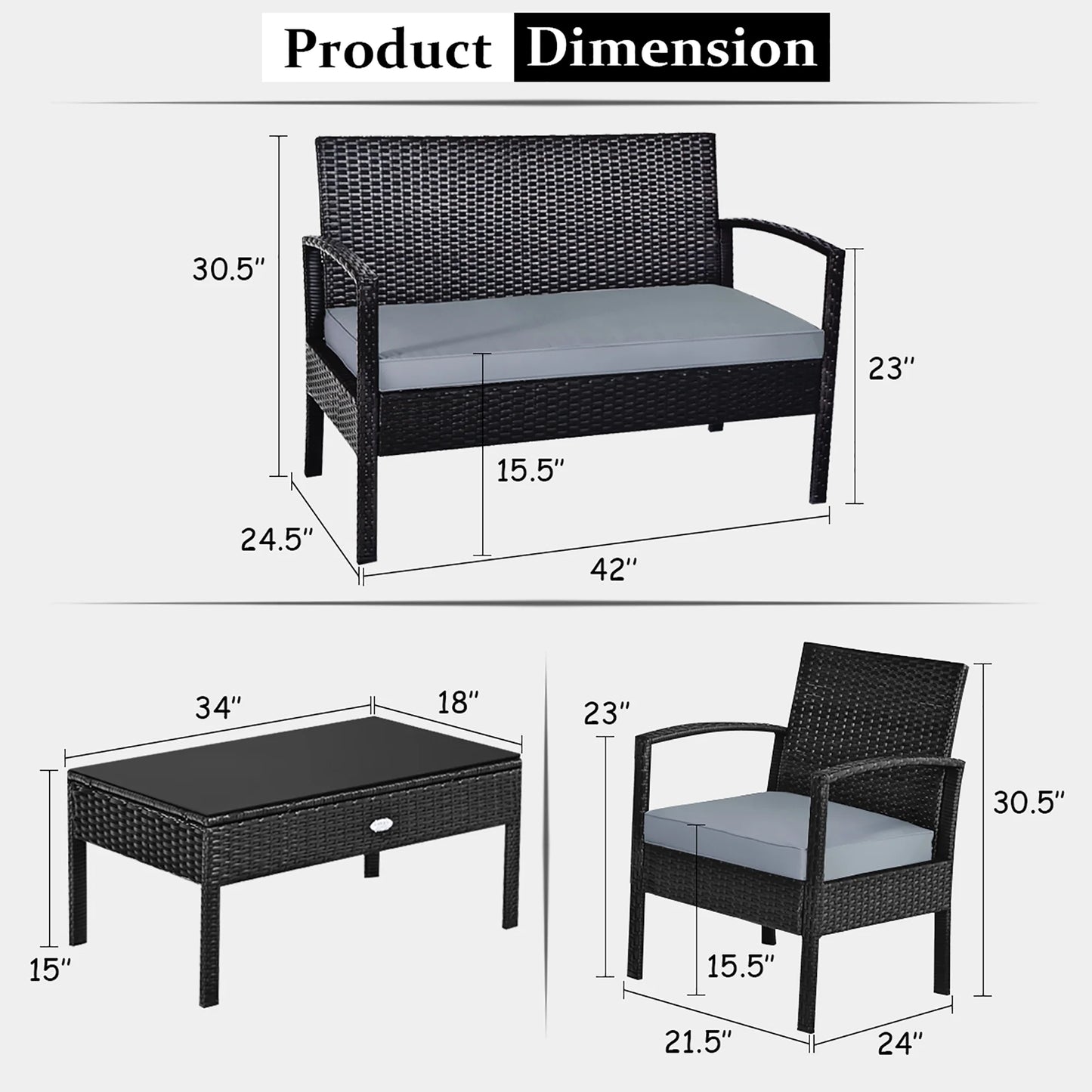 HW63756 4PCS Patio Rattan Furniture Set Garden Deck