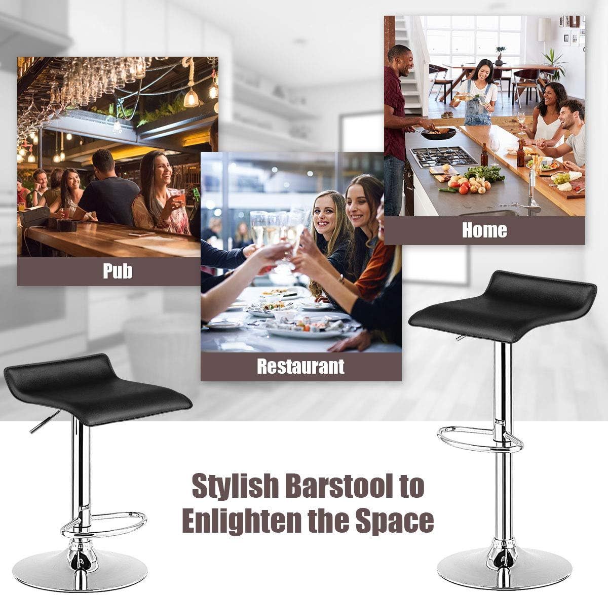 Bar Stools Set of 2, Modern Swivel Contemporary Barstools with Adjustable Height, Footrests, Chrome Hydraulic PU Leather Backless Bar Chairs for Kitchen Island Cafe Pub, Black