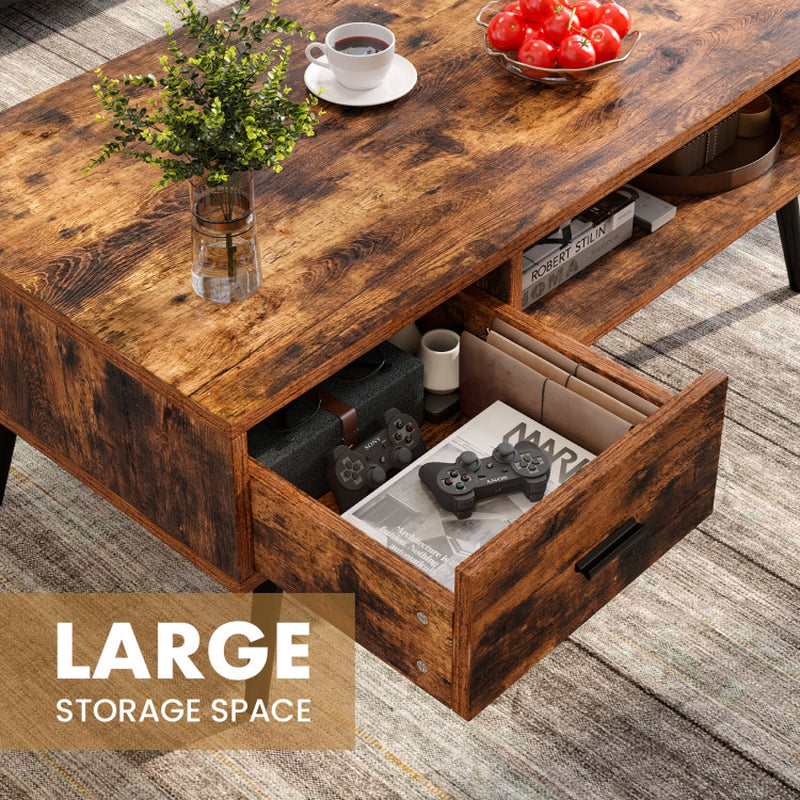 Retro Rectangular Coffee Table with Drawer and Storage Shelf