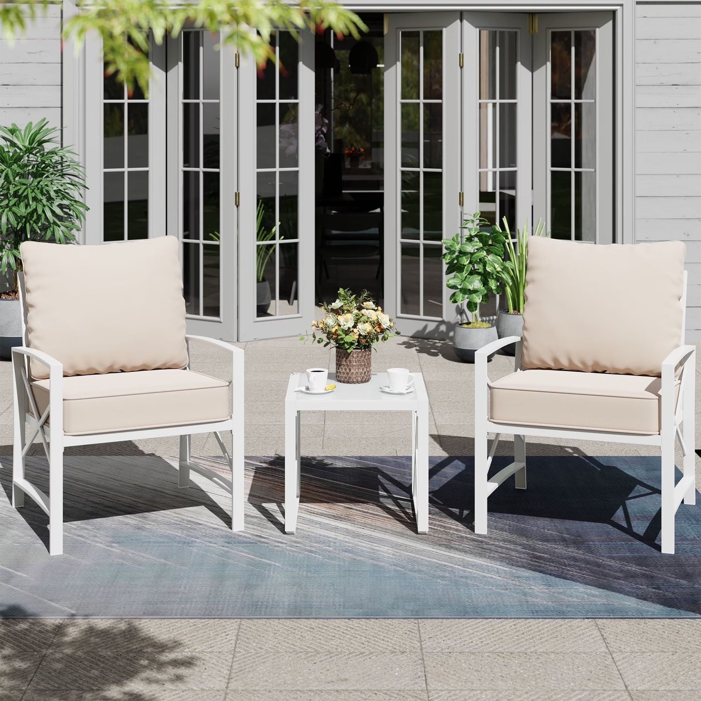 3-Piece Patio Furniture Set, Outdoor Conversation Furniture Set with Matching Side Table, Metal Sofa Chairs Detachable Cushions Khaki