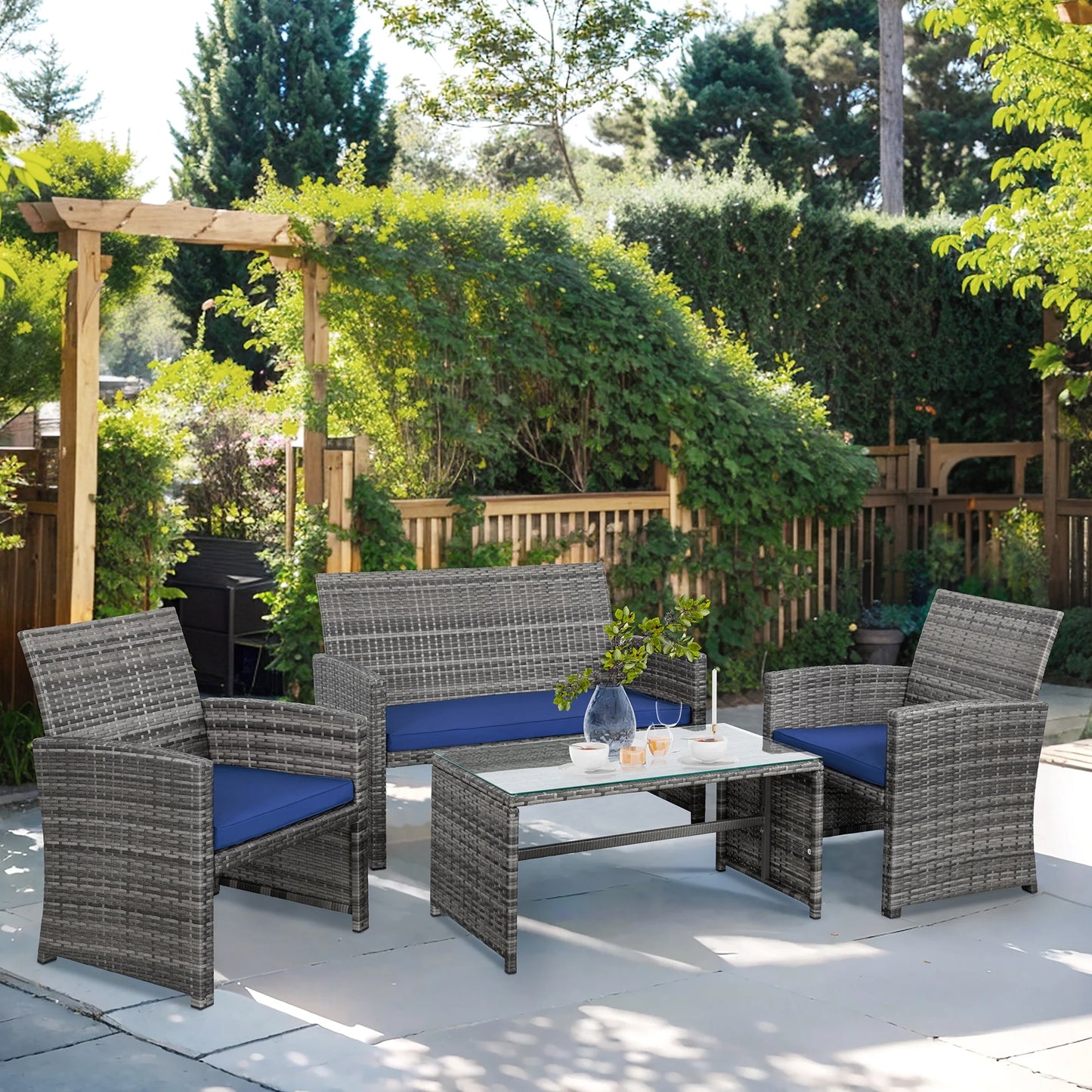 4-Piece Patio Rattan Furniture Set with Cushions & Tempered Glass Tabletop, White