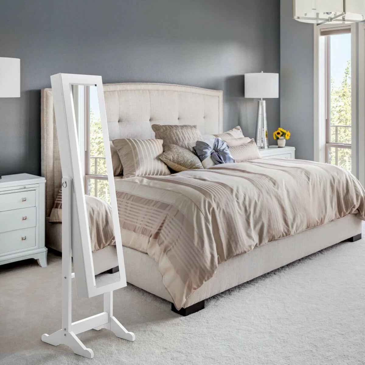 Mirrored Jewelry Cabinet Mirror Organizer Storage Ring Stand