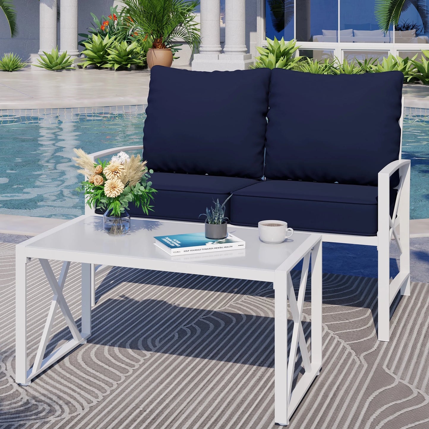 3-Piece Patio Furniture Set, Outdoor Conversation Furniture Set with Matching Side Table, Metal Sofa Chairs Detachable Cushions Khaki