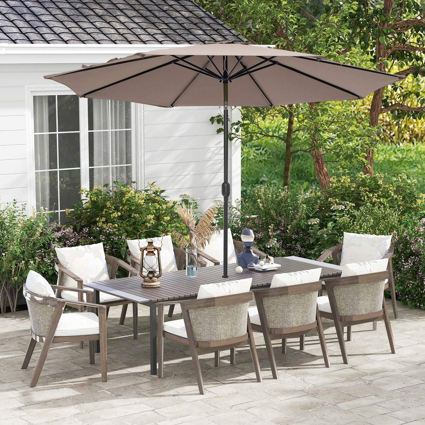 Outdoor Heavy Duty Market Umbrella with Tilt Mechanism Crank Handle 8 Sturdy Ribs Tan