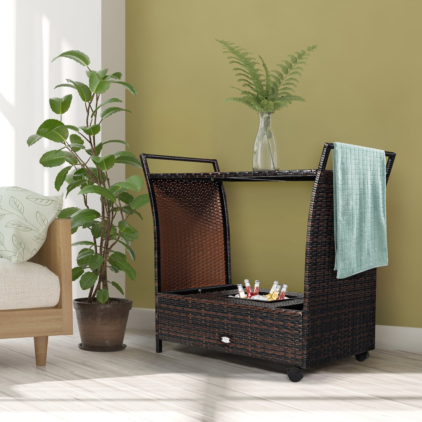 Patio Rolling Rattan Kitchen Trolley Cart Dining Aluminum Frame with Storage Box