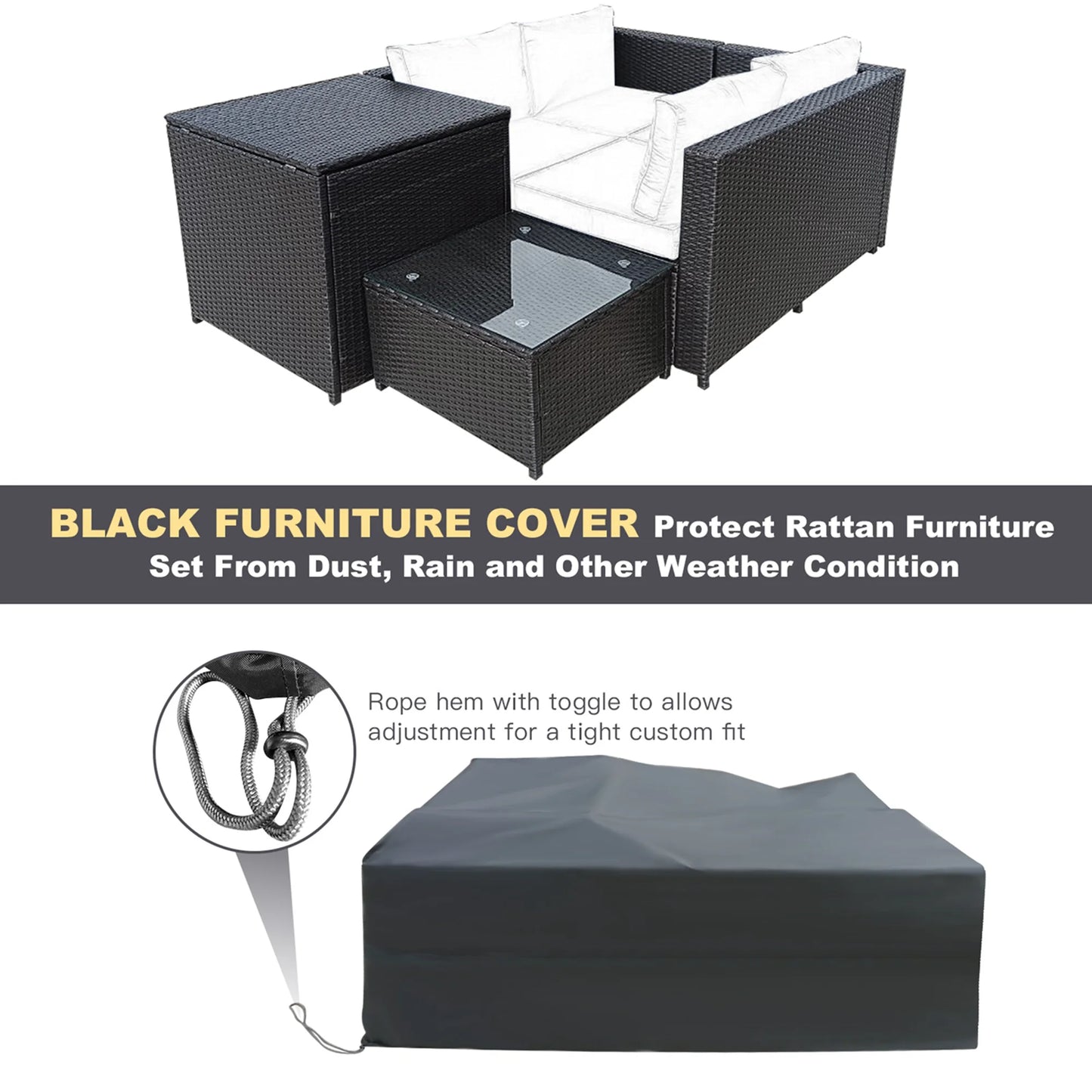 4PCS Patio Rattan Furniture Set Cushioned Loveseat Storage Table Navy