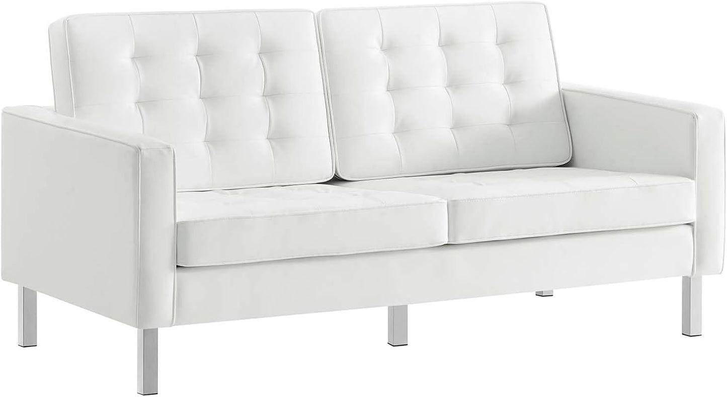 Loft Tufted Button Faux Leather Upholstered Loveseat in Silver Black