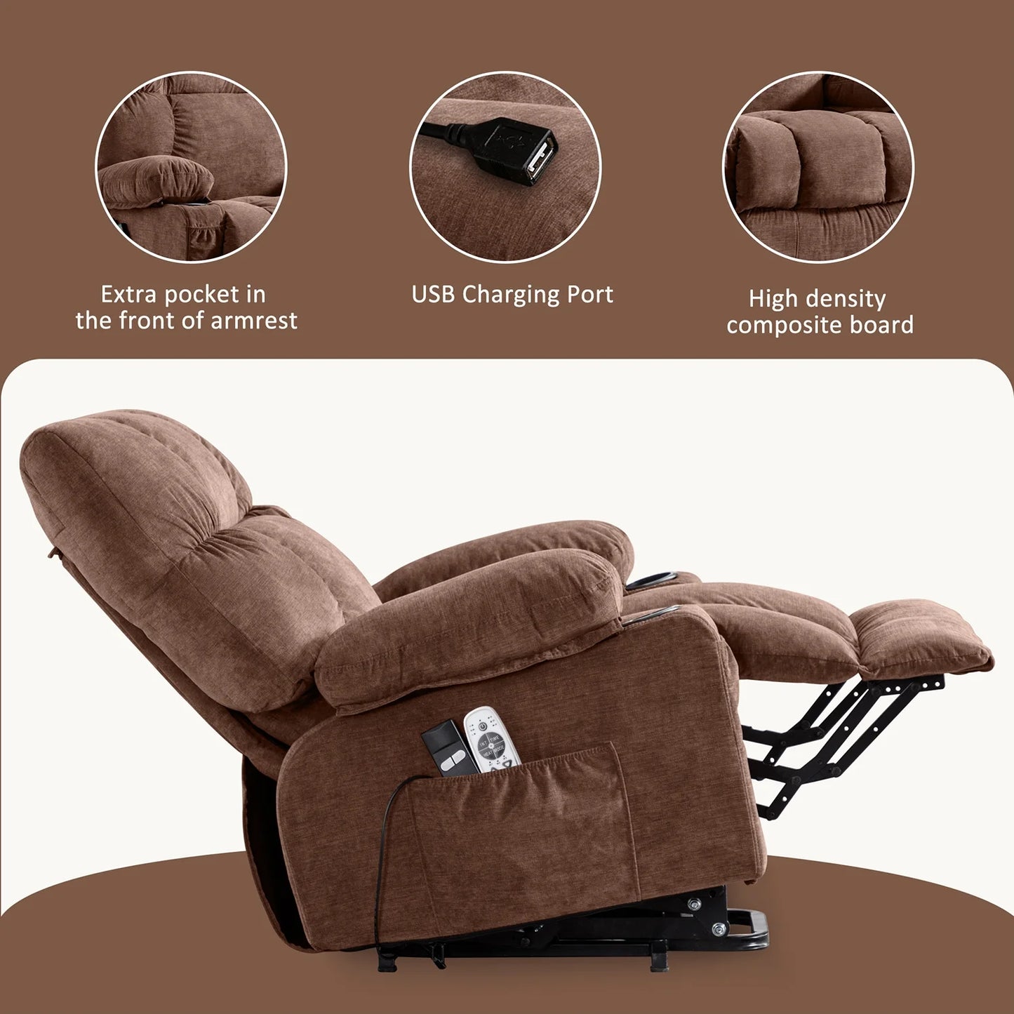 Power Lift Recliner Chair Recliners for Elderly with Heat and Massage Recliner Chair for Living Room with Infinite Position and Side Pocket,Usb Charge Port,Brown