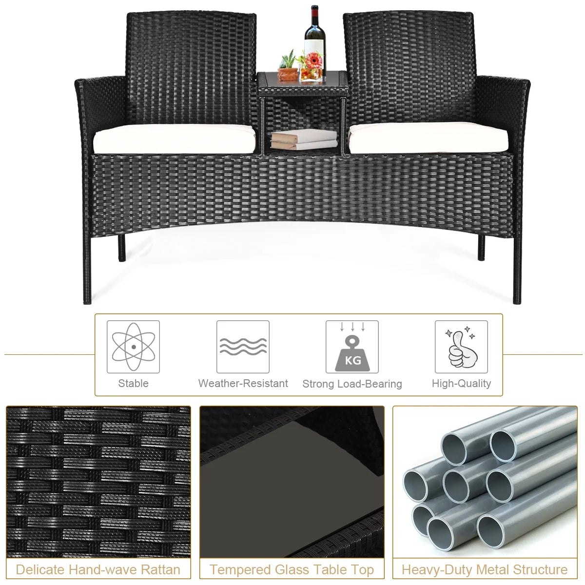 Patio Rattan Conversation Set Seat Sofa Cushioned Loveseat Glass Table Chairs