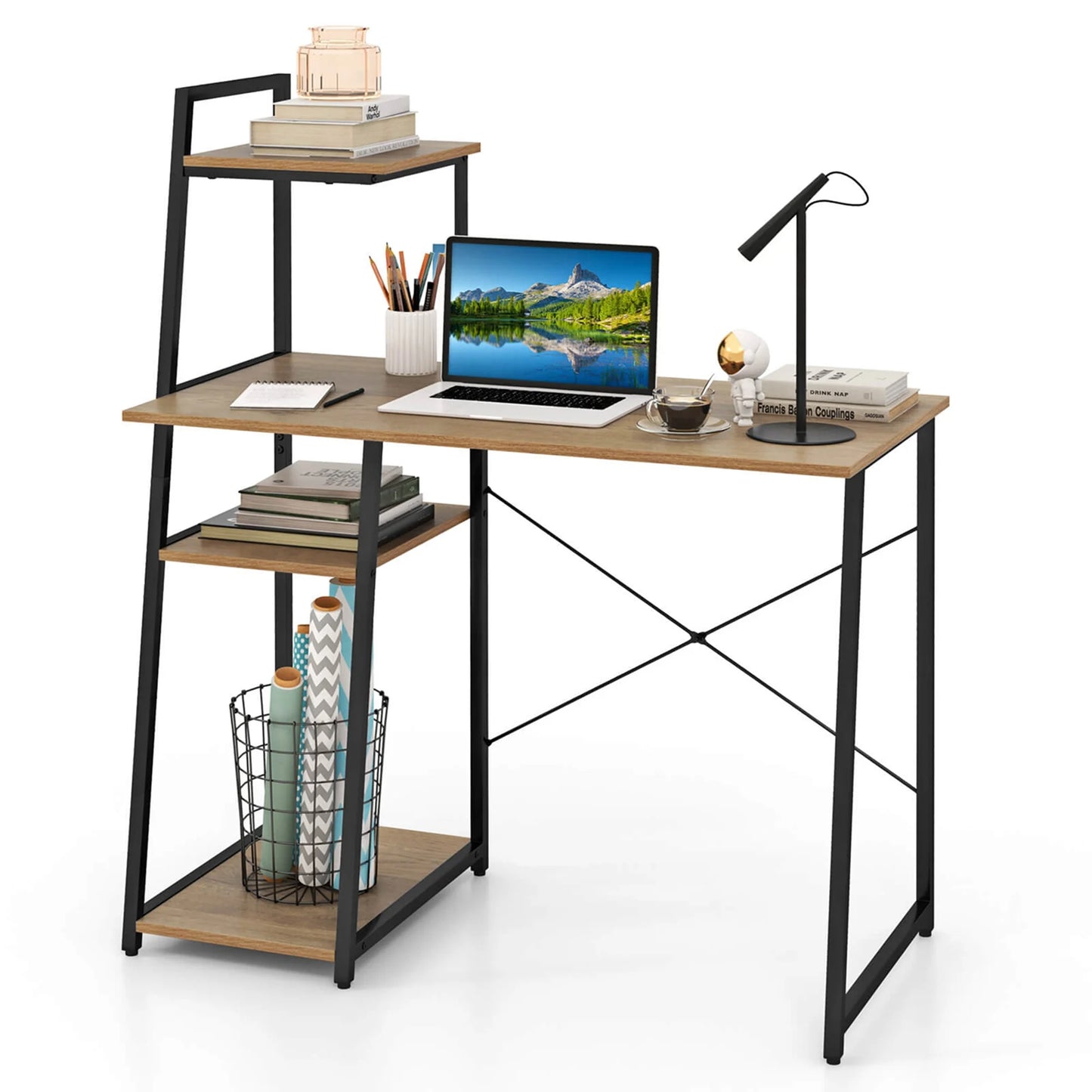 Home Office Desk with Bookshelf Host Stand Metal Frame Study Writing Desk