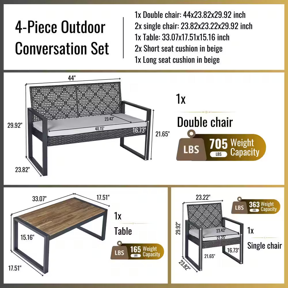 4-Piece Wicker Patio Conversation Set with Cushion, Outdoor Patio Furniture Set with Wood Table Top-Grey Cushions