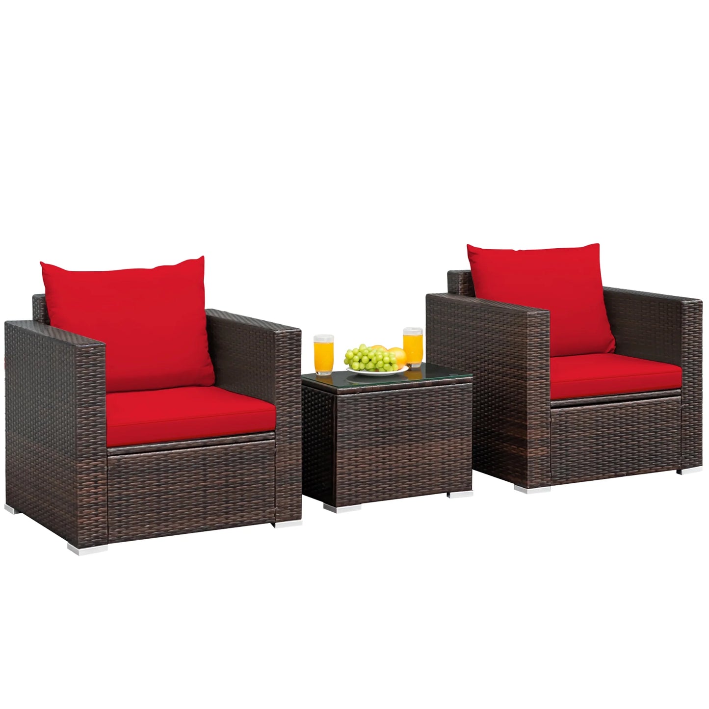 3PCS Patio Rattan Furniture Set Conversation Sofa Cushioned Garden Red