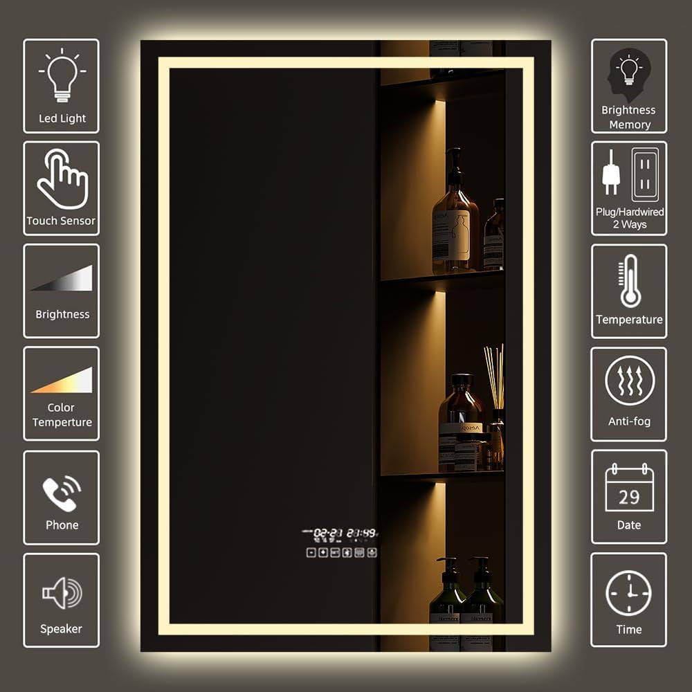 24"X36" Bathroom LED Mirror with Wireless Speaker Wall Switch - Lighted Vanity Mirrors for Bathroom Wall Mounted Backlit, Dimmable Light 3000K/6000K Anti-Fog Makeup Smart Mirror (Vertical)