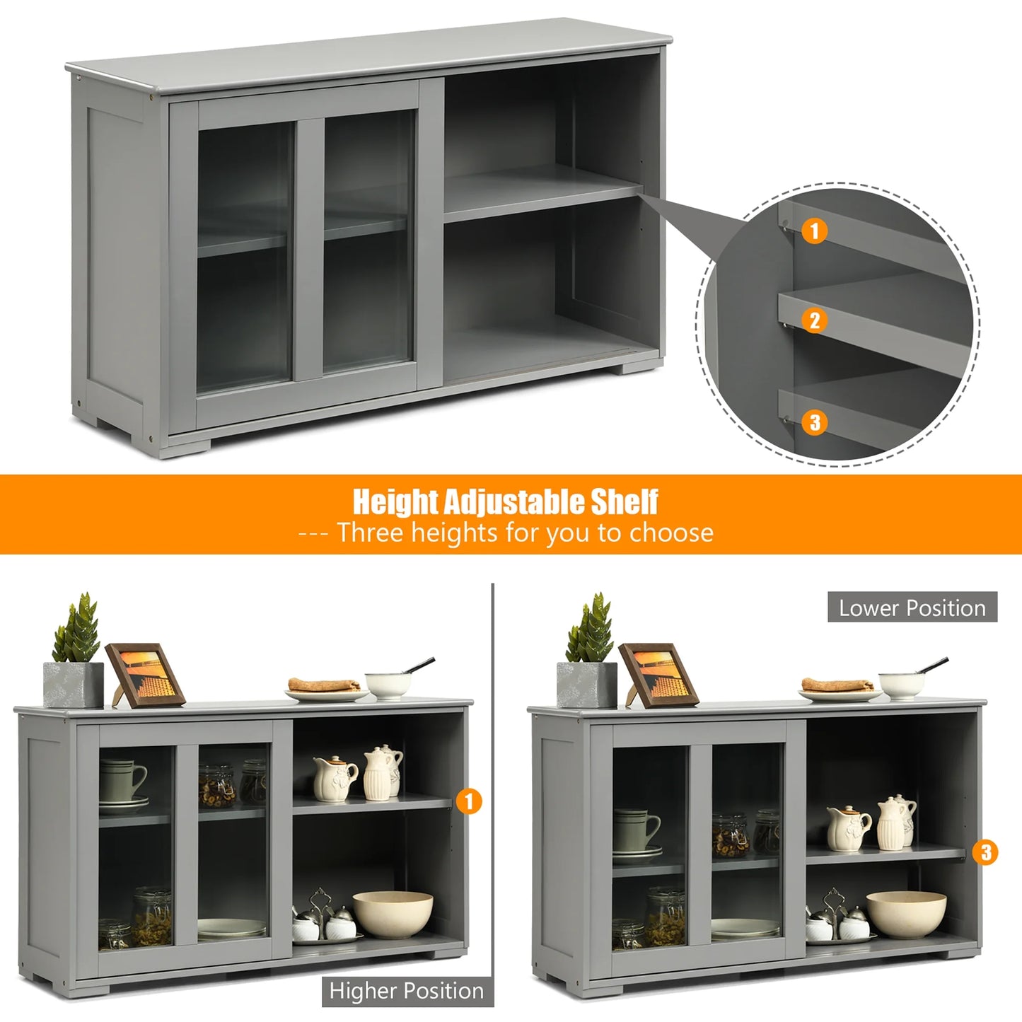 Kitchen Storage Cabinet Sideboard Buffet Cupboard W/ Sliding Door Gray