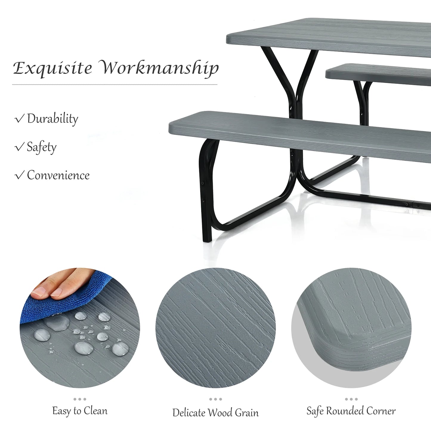 Gray Rectangle Metal Picnic Table Bench Set with Extension