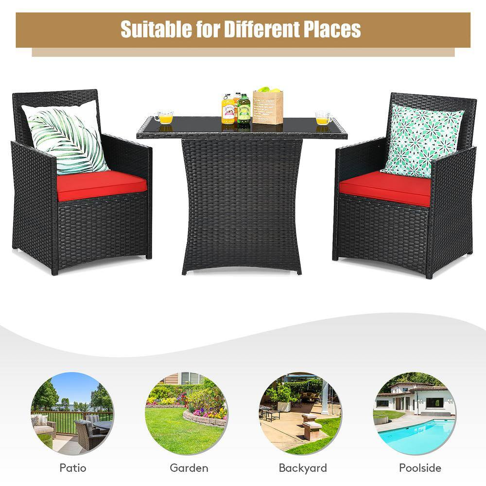 3-Pieces Patio Rattan Patio Conversation Set with Red Cushions