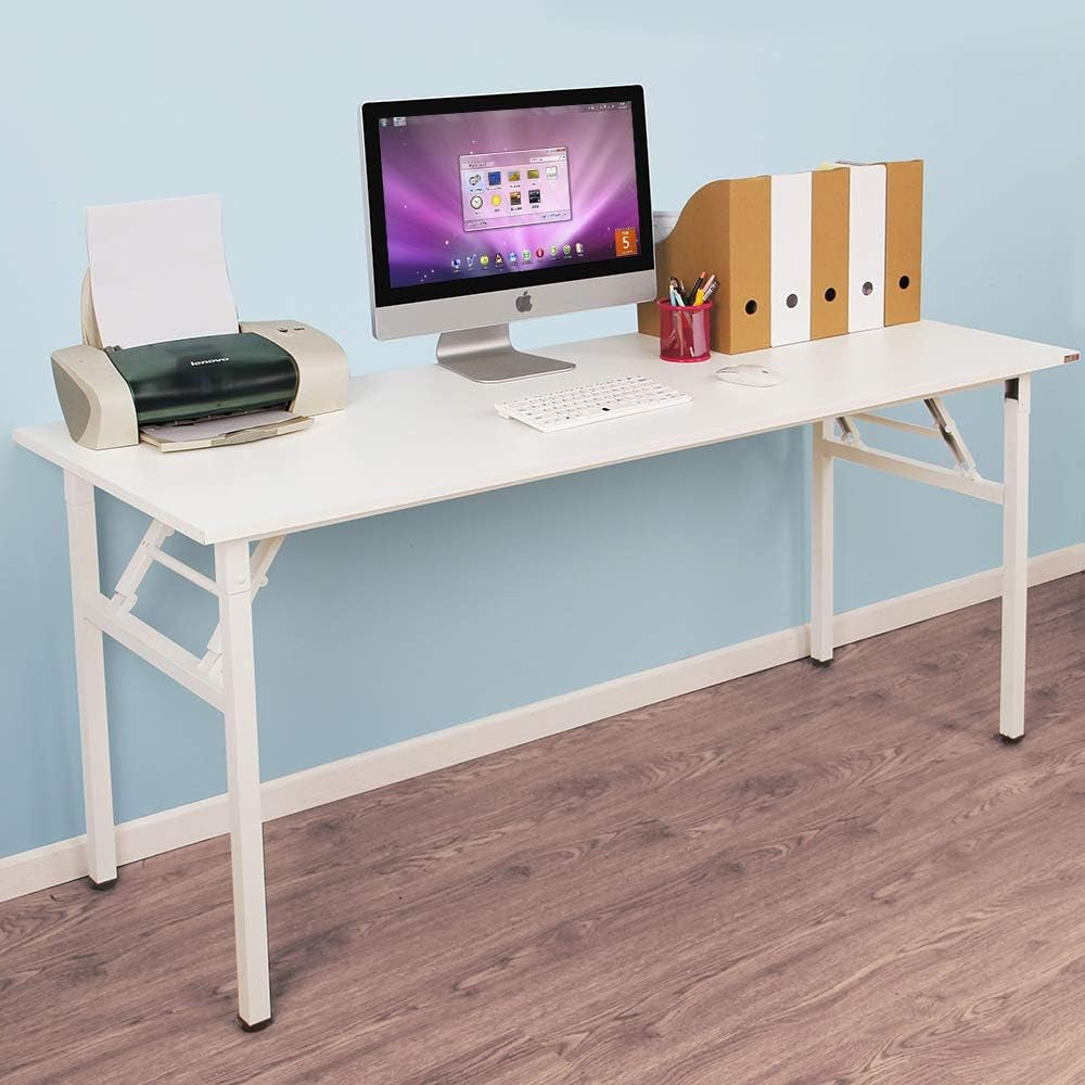 Computer Desk 62 Inches Office Desk Computer Table Study Writing Desk Workstation for Home Office Metal Frame No Install Needed White and White