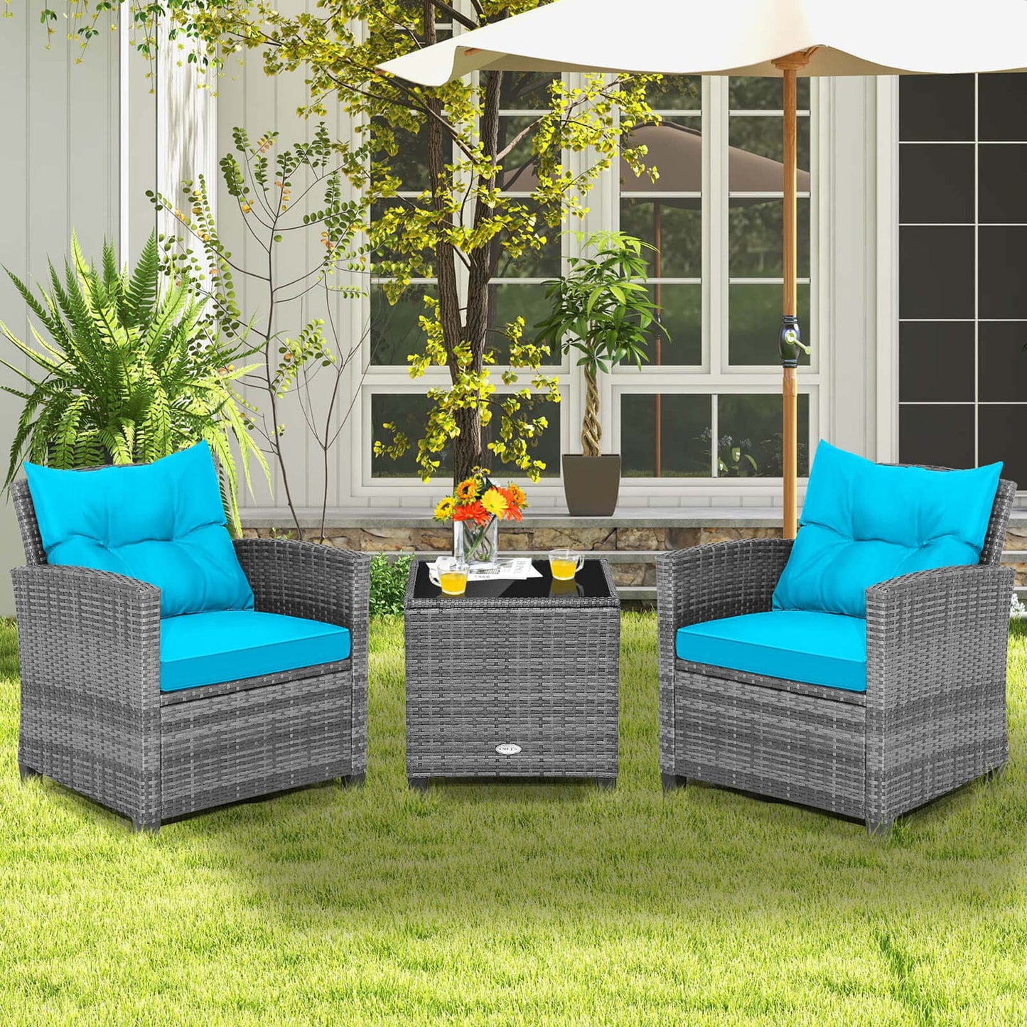 3PCS Patio Rattan Furniture Bistro Set Cushioned Sofas Side Table Armrest Navy