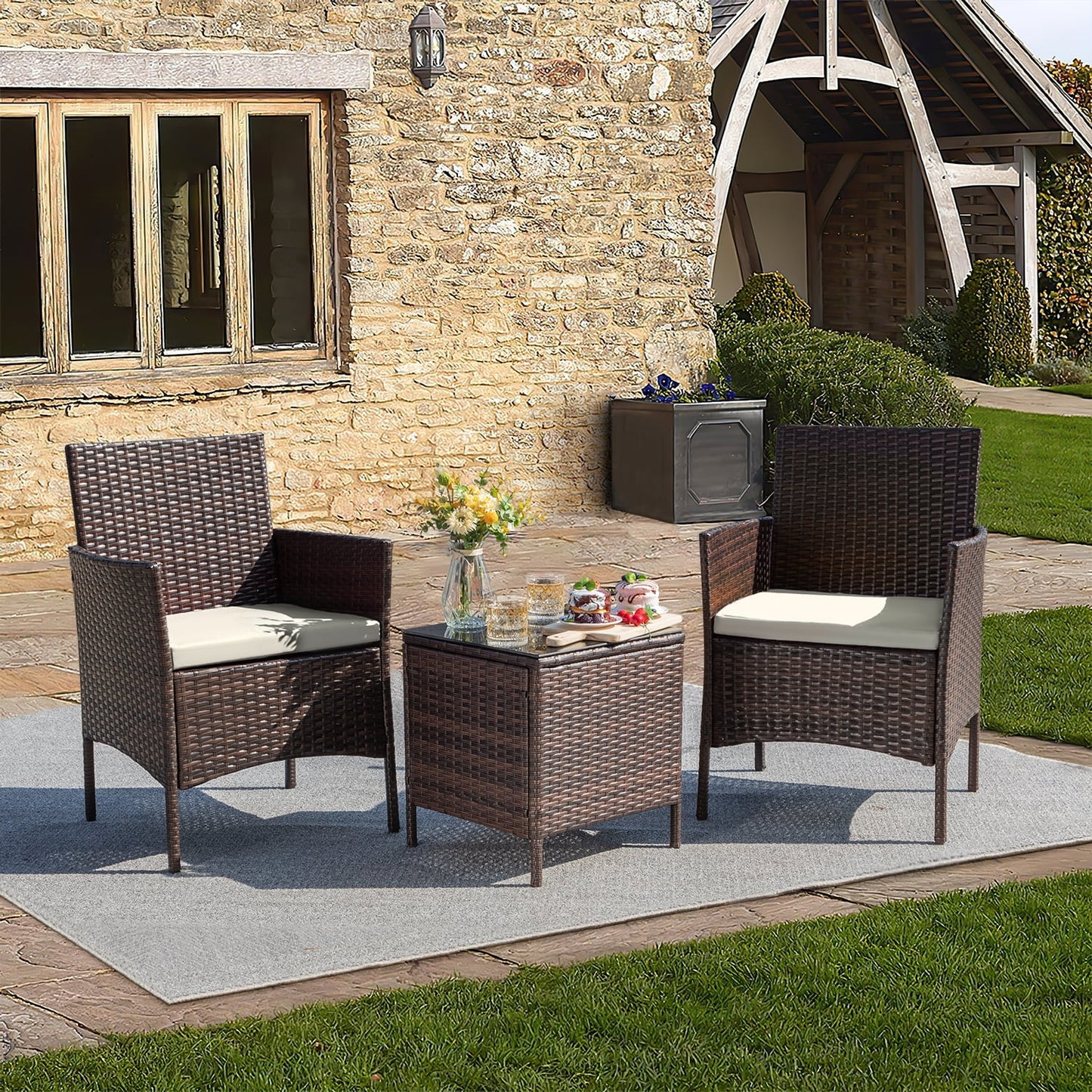 3 Pieces Patio Furniture Set Outdoor PE Rattan Wicker Patio Conversation Set Bistro Set with Tempered Glass and Cushioned Chairs, Brown/Beige
