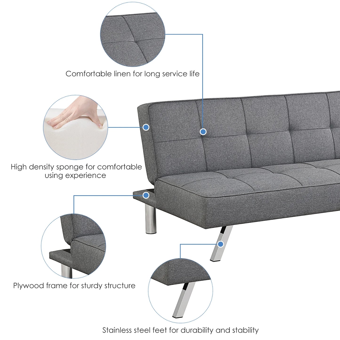 Convertible Futon Sofa Bed Adjustable Sleeper with Stainless Steel Legs