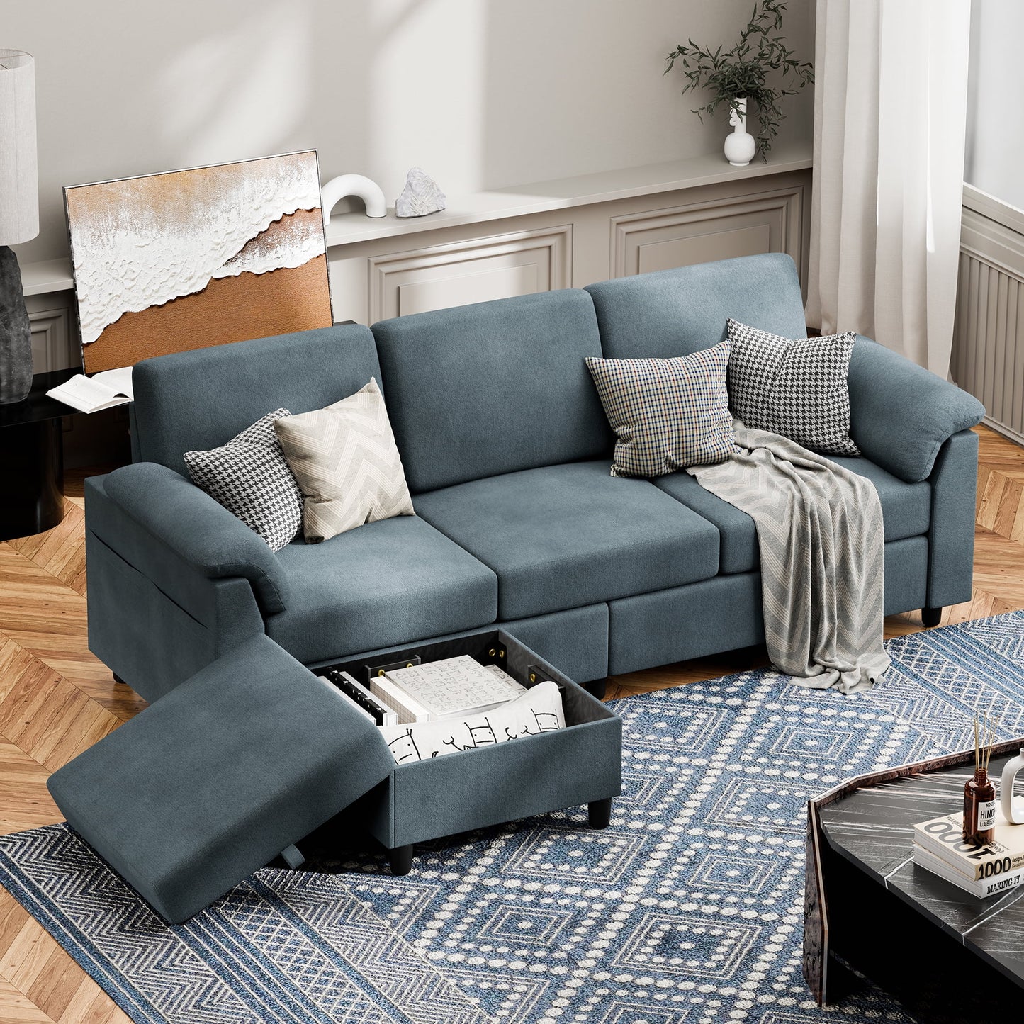 79.1" Sectional Sofa with Movable Storage Ottoman, L-Shaped Convertible Sofa Couch for Small Living Room, Ottoman, L-Shaped Convertible Sofa Couch for Small Living Room, Light Grey