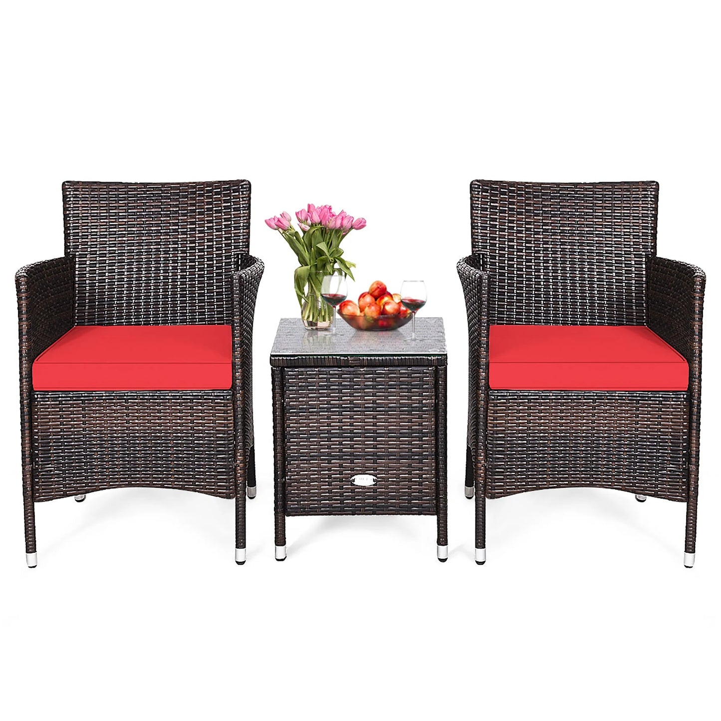 Outdoor 3 PCS PE Rattan Wicker Furniture Sets Chairs Coffee Table Garden Red