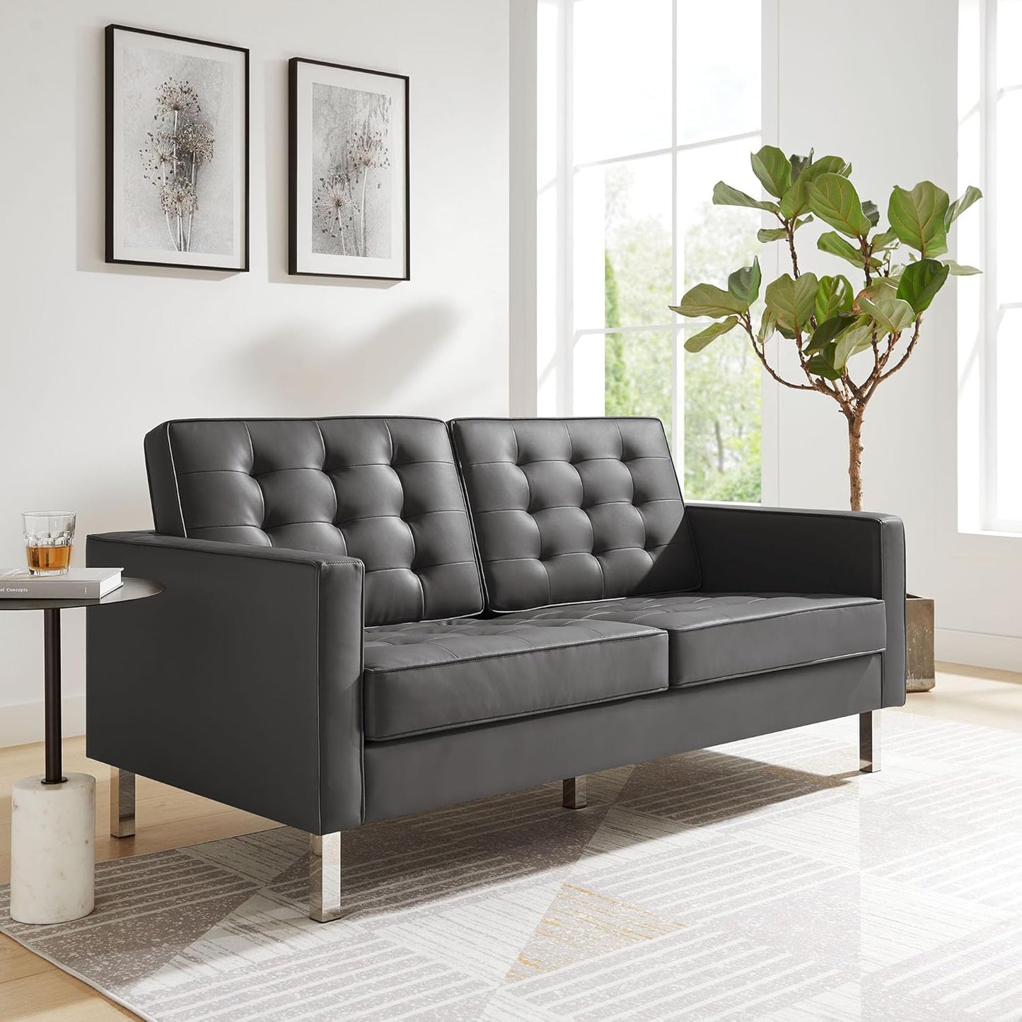 Loft Tufted Button Faux Leather Upholstered Loveseat in Silver Black