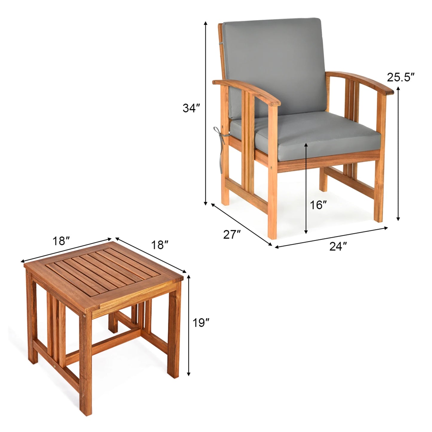 3PCS Solid Wood Patio Furniture Set Table&Chairs Grey Cushion