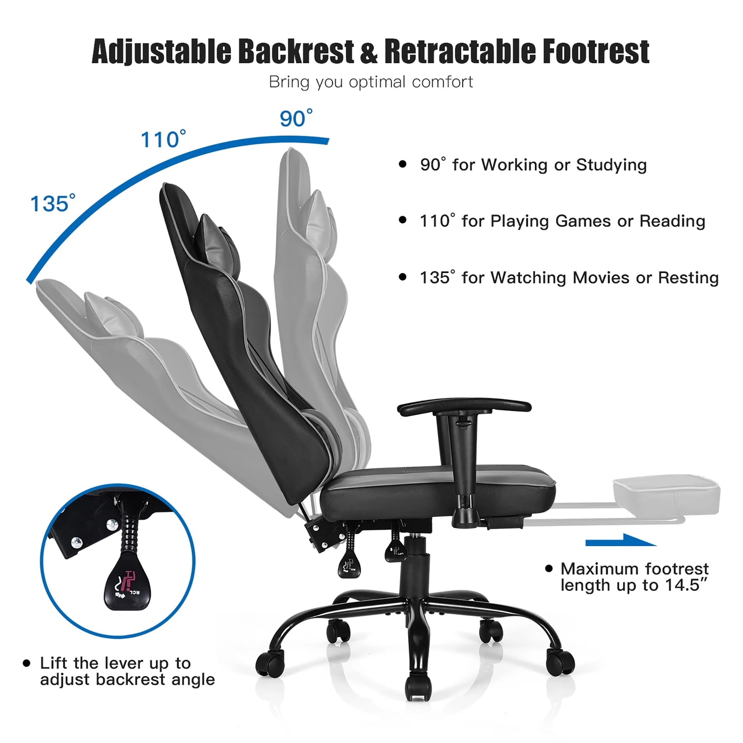 Gaming Chair Racing High Back Office Chair W/ Footrest Black