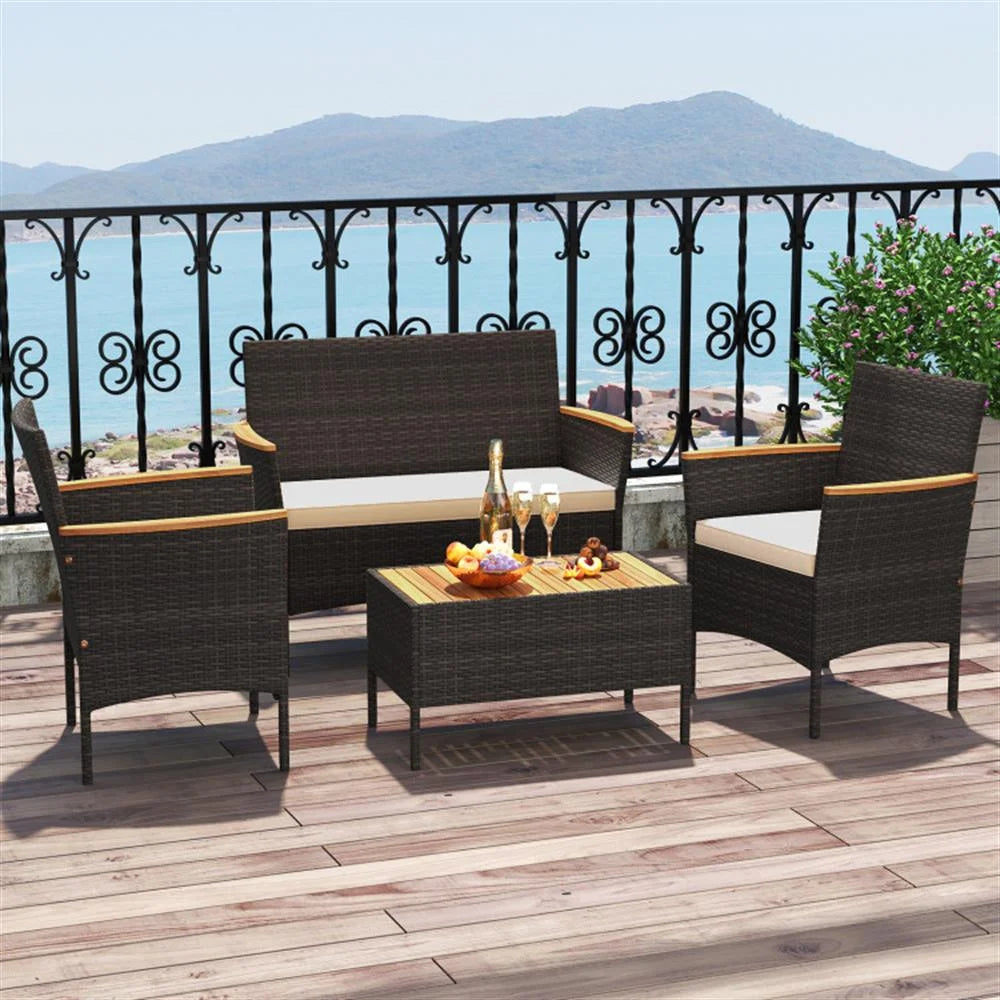 Patio Furniture Sets,Outdoor & Patio Furniture Sets,4 Piece Patio Wicker Sofa Set 2 Rattan Chairs and Loveseat with Table-Brown