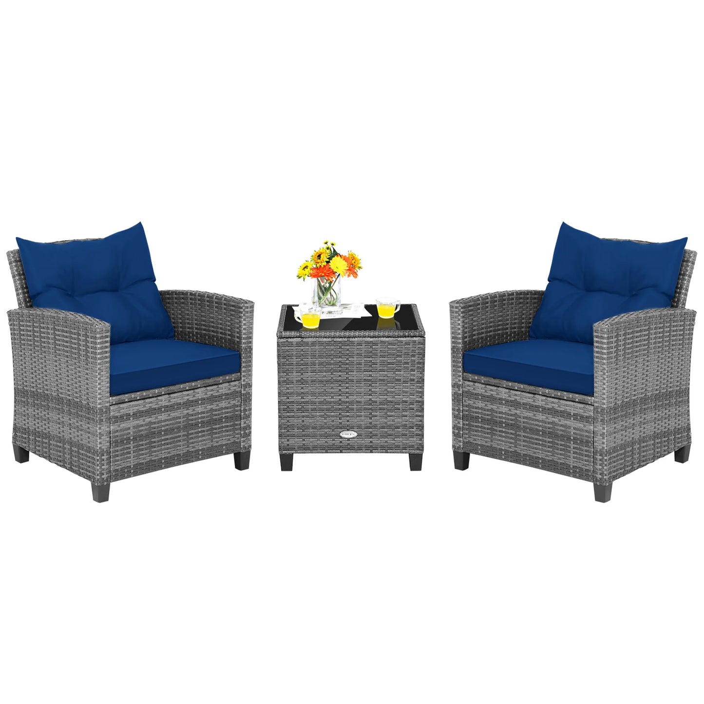3PCS Patio Rattan Furniture Bistro Set Cushioned Sofas Side Table Armrest Navy