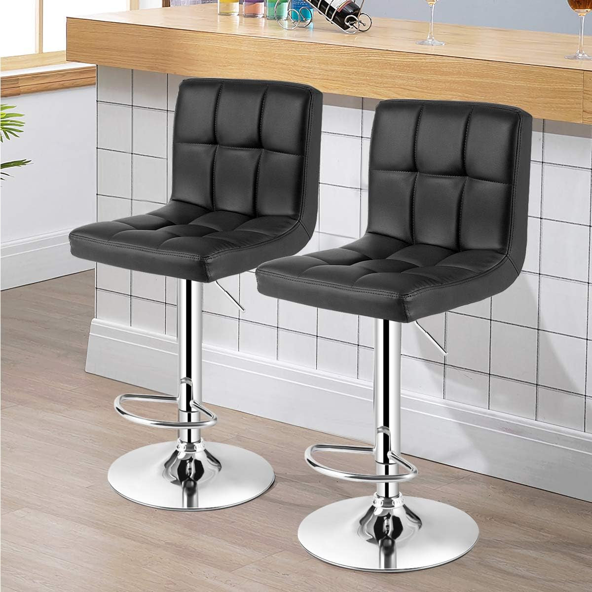 Adjustable Bar Stools Set of 2, Modern Swivel PU Leather Bar Chair with Backrest, Soft Cushioned Seat, Footrest, Sturdy Metal Frame, Comfortable Barstools for Kitchen Island, Pub, Black