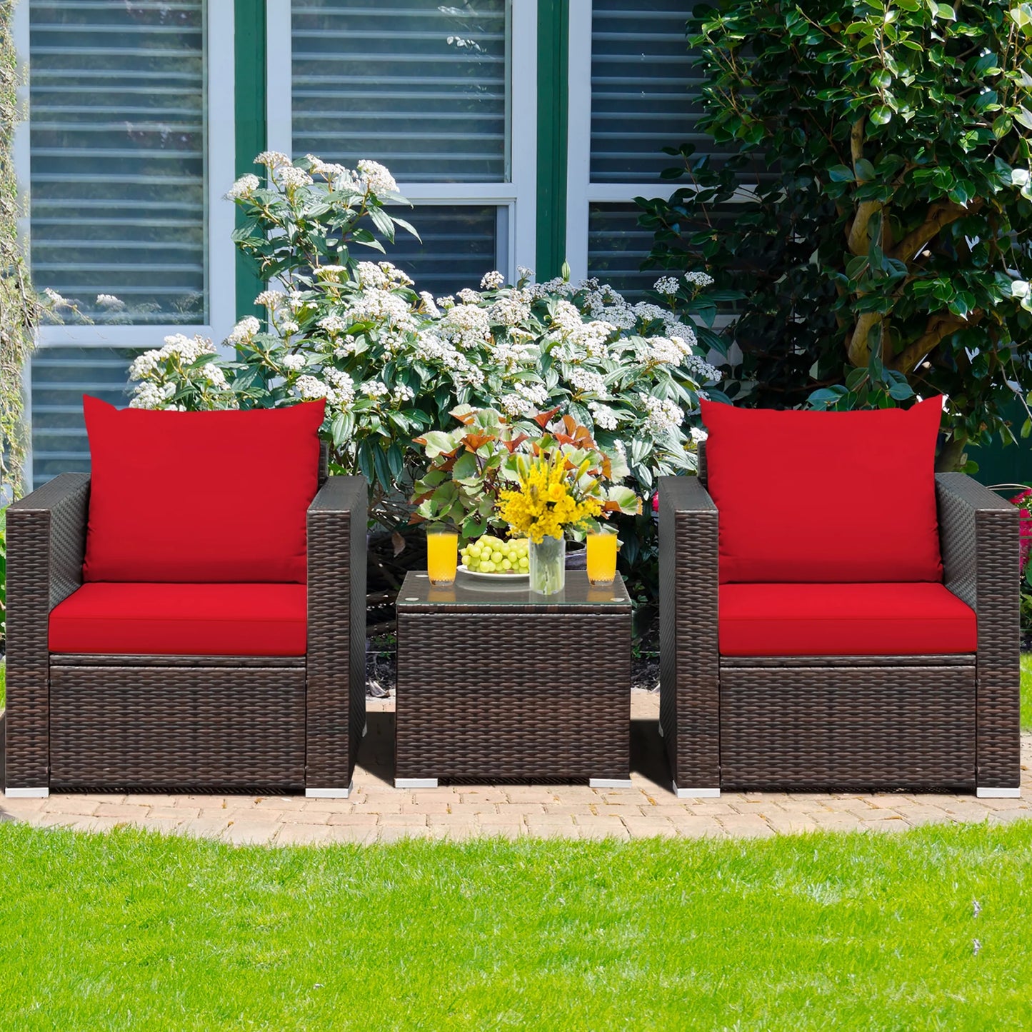 3PCS Patio Rattan Furniture Set Conversation Sofa Cushioned Garden Red