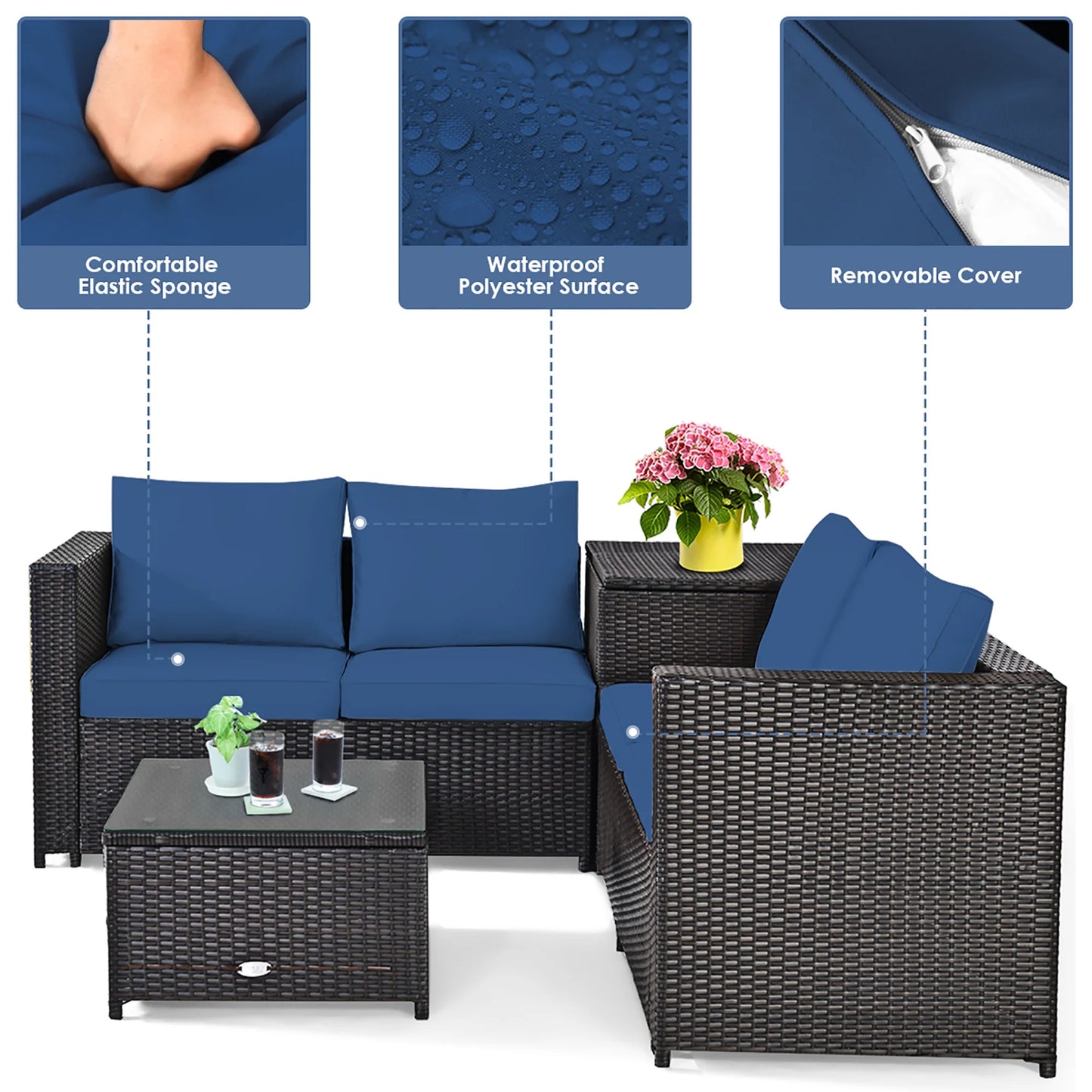 4PCS Patio Rattan Furniture Set Cushioned Loveseat Storage Table Navy