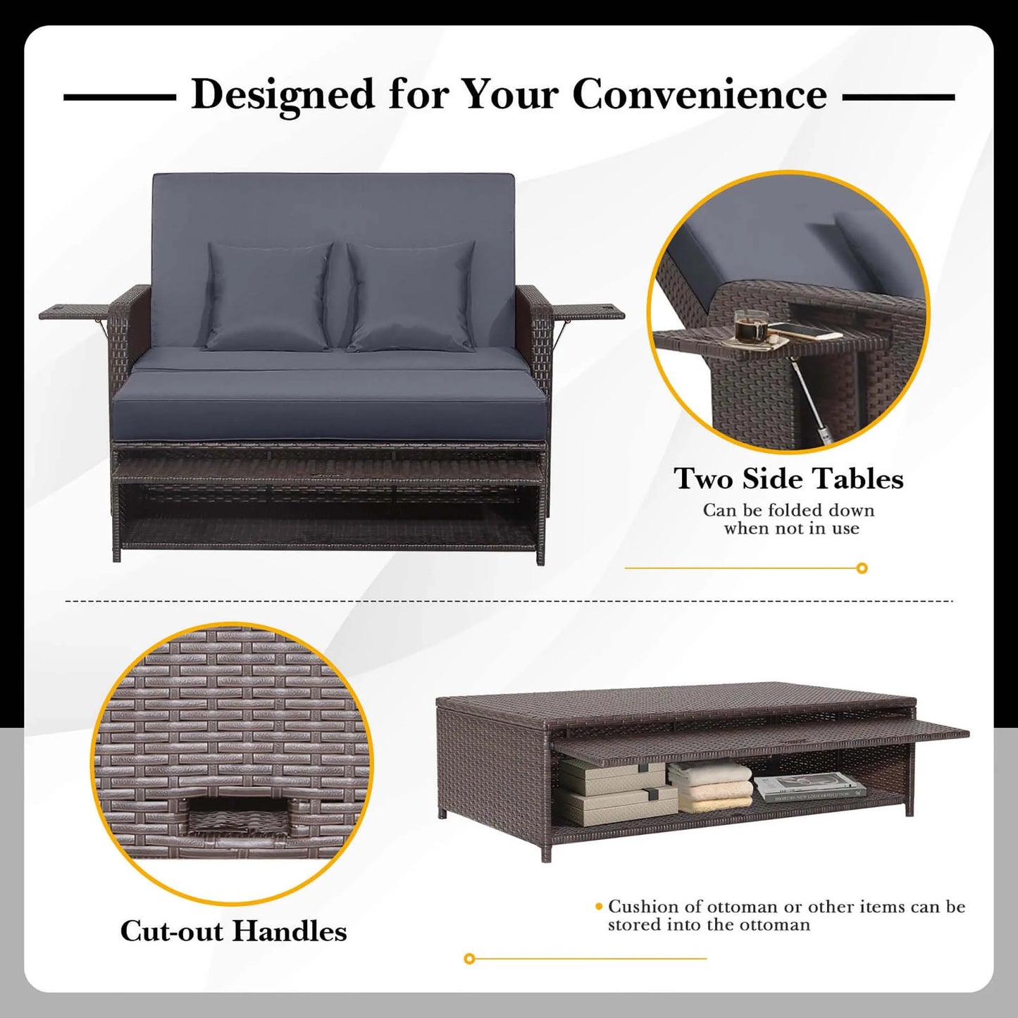 Patio Rattan Loveseat Set Daybed Lounge Storage Ottoman Side Tables Adjust Gray