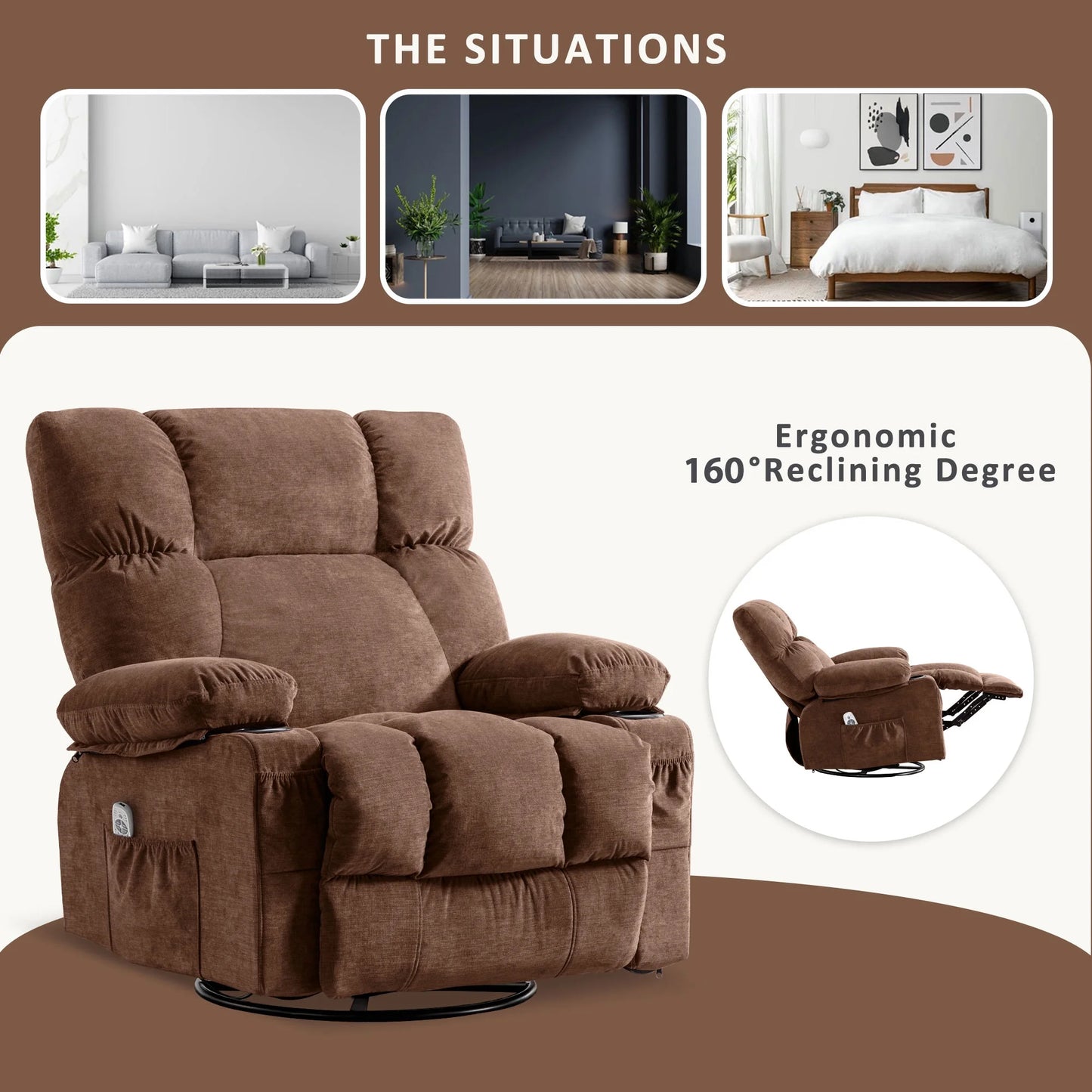 Massage Swivel Rocker Recliner Chair with Vibration Massage and Heat Ergonomic Lounge Chair for Living Room with Rocking Function and Side Pocket, 2 Cup Holders, USB Charge Port,Brown